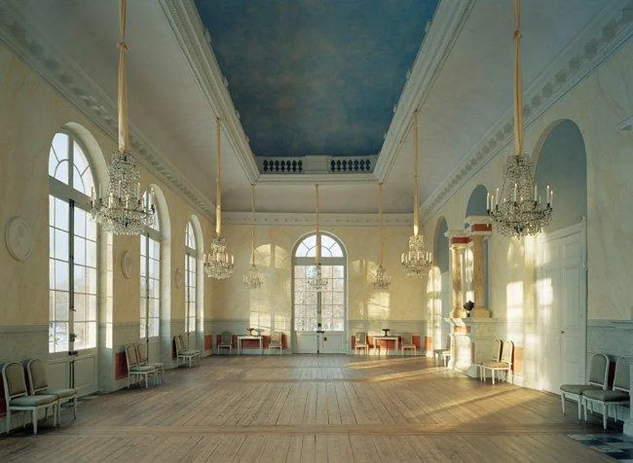 Hall with crystal chandeliers, Drottningholm Palace Theatre